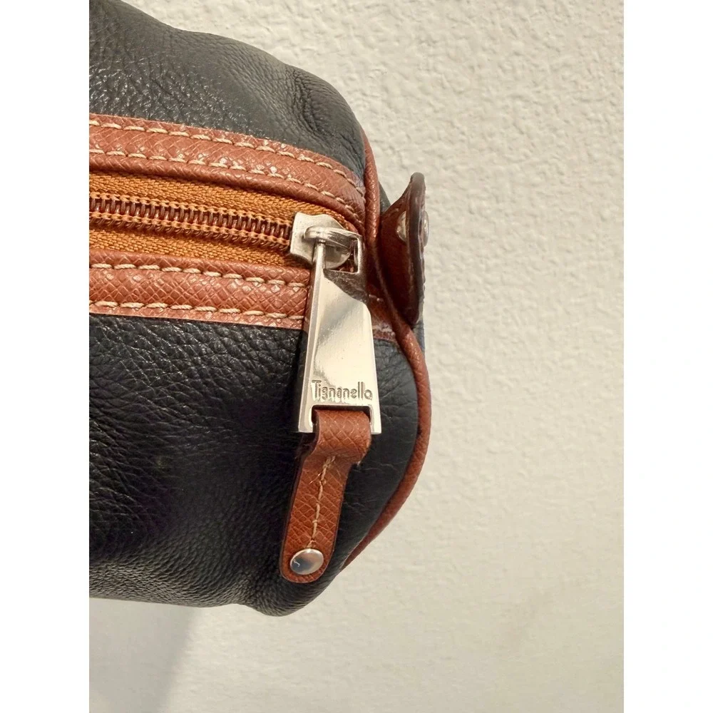 VTG Tignanello Leather BLACK & BROWN Color Block Shoulder Barrel Bag Purse